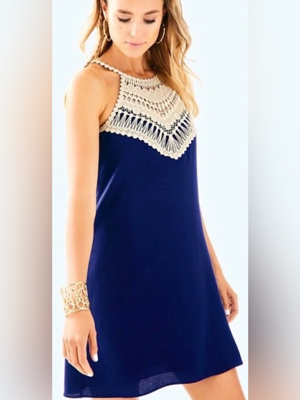 Lilly Pulitzer Pearl Soft Shift Dress True Navy Gold Halter Lace Shift Sz 2